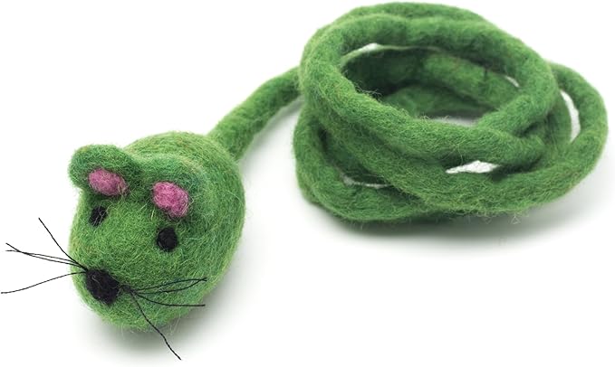 Glaciart One Felt Mouse Cat Toy – Soft Fuzzy Enrichment 100% Natural Wool - Interactive Catnip Play Cat Toy Set - Safe for Pets, Non-AZO Colored Dyes - 42” Long