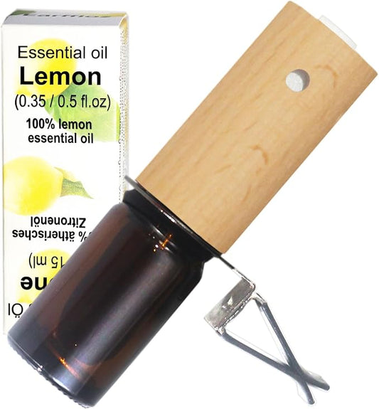 Lemon Car Scent 30 Days??Refillable Odor Fighting Non-toxic Strong Natural Fresh Fragrance, Vent Clip Wood Diffuser & Pure Essential Oils Auto Air Freshener (1x Beech Diffuser + 10ml Oil)