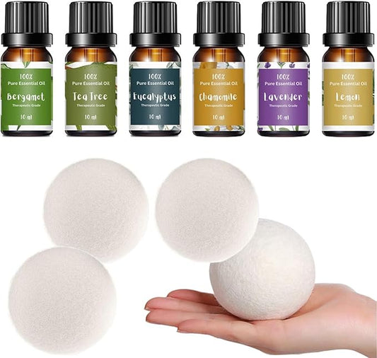 Essential Oils for Laundry + White Wool Dryer Ball Set, 4 White Dryer Balls & Essential Oil Set Bundle, 6 Most Popular Pure Therapeutic Grade Oil Set, and Organic Wool Dryer Ball Set
