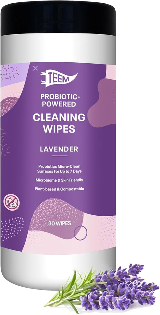 TEEM Probiotic Cleaning Wipes with Lavender Essential Oil, Microcleans Surfaces for up to 7 Days, Home Compostable & Biodegradable, All-Natural Multi Surface Wipes - 30 Count (Pack of 1)