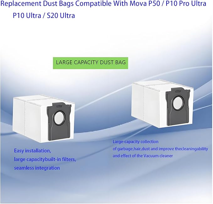 Dust Bags and Mop Pads Replacement For Mova P50 Ultra / P10 Pro Ultra / P10 Ultra Self-Empty Station Vacuum Cleaner, Spare Parts Accessories