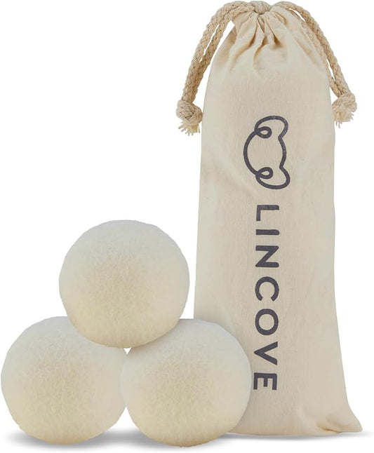 Wool Dryer Balls, 3 Pack – Natural Fabric Softener for Laundry, 100% Organic, Reusable for 1000+ Loads, Anti-Static, Reduces Drying Time, Baby Safe & Hypoallergenic Comes with Lincove Storage Bag