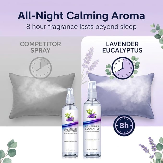 Lavender Eucalyptus Pillow Spray for Sleep, Aromatherapy Linen Spray for Bedding, Room Fabric Mist, Natural Essential Oil Bedroom Relaxation Freshener (Lavender Eucalyptus, 4oz/8oz)