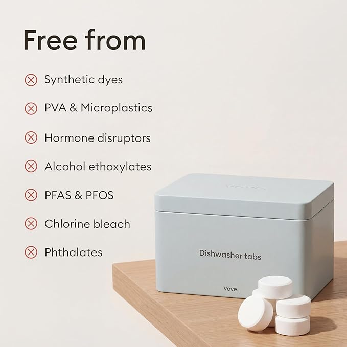 Vove Dishwasher Detergent Tablet Starter Set, 40 Count with Reusable Storage Tin - Plastic-Free, No PVA, No Microplastics - 2x Enzyme Power, Plant-Based, Fragrance-Free, Septic Safe