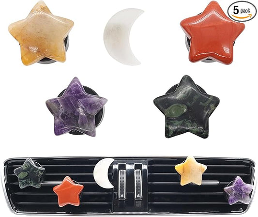 Boho Car Decor,Stars Moon Air Vent Clips,Refillable Car Fresheners,5pcs Natural Crystal Stone Hippie Dashboard Decorations Accessories,Best Wishes for Lover and Friend
