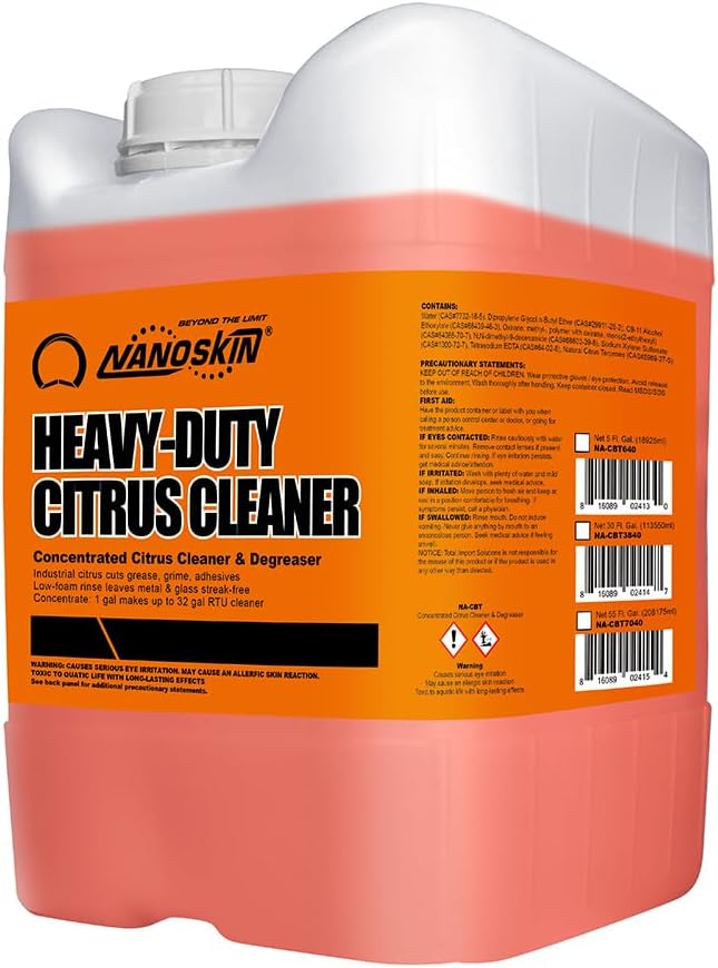 Nanoskin Heavy-Duty Citrus Cleaner & Degreaser Concentrate 5 Gallon, Low-Foam Solvent, Dilutes up to 1:32, Cuts Grease Tar Adhesives, Safe on Metal Concrete Engines, For Auto Detailing, Shop & Home