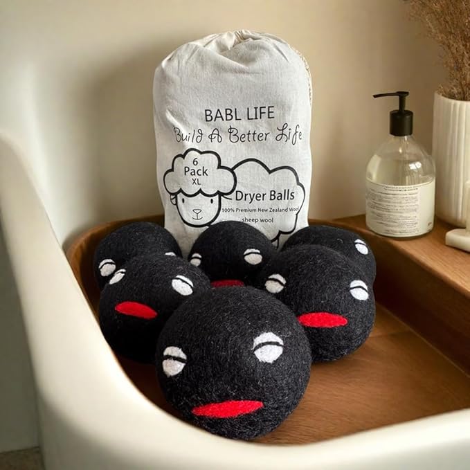 Wool Dryer Balls Pack of 6 XL,Reusable New Zealand Natural Fabric Softener,Saves Drying Time, Handmade Dryer Balls-Updated Version(Made of The Latest Shearing) 3 Inch Black (Pack of 6)