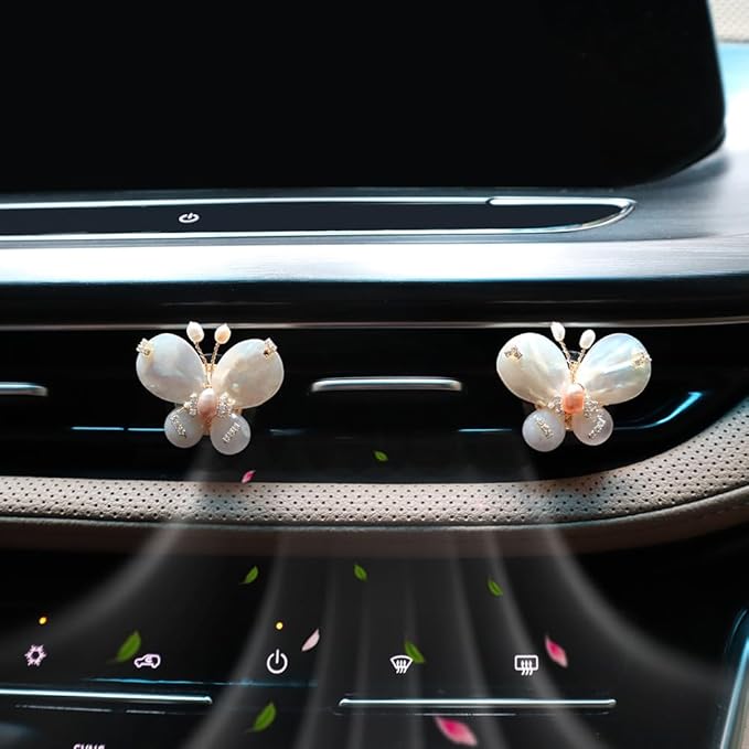 Butterfly Accessories - 2pcs Natural SeaShells Zircon Pearl Butterfly Air Freshener Vent Clips - Handmade Car Vent Decoration, Bling Car Accessory for Women, Refillable Diffuser