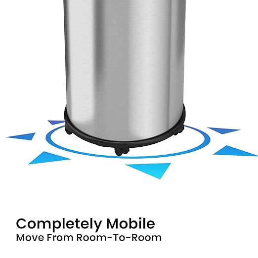 iTouchless 13 Gallon Open Top Kitchen Trash Can Recycling Bin with Wheels and Double Odor Filters, Round Commercial Stainless Steel 50 Liter Trashcan for Home Office Work Bedroom Livingroom Garage
