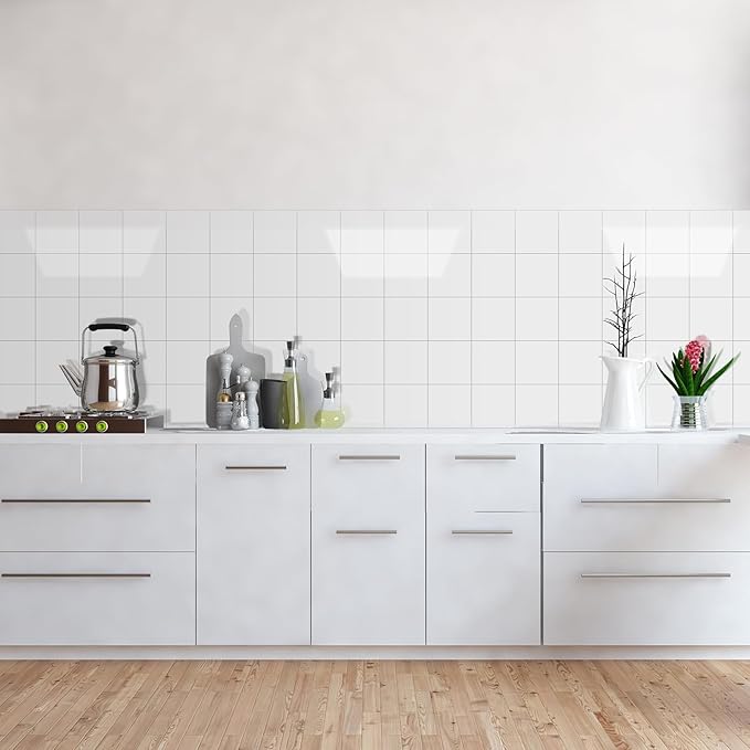 llDecoo Peel and Stick Tiles for Kitchen Backsplash, New Upgrade Design 9" x9" SPC Square Marble Tiles, Cream White Premium Mosaic Tiles(5-Sheet)