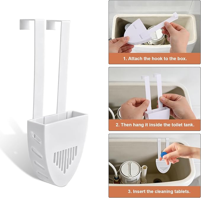 Toilet Tank Cleaning Tablet Holder, 17.8x7.5cm/7.01x2.95in White Plastic Hanging Cleaning Tablet Caddy Brackets Fits Most Standard Toilet Tanks Easy to Install