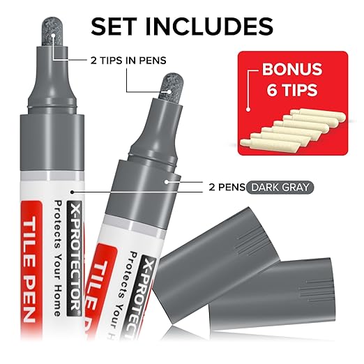 X-Protector Water Based Grout Marker - 2 PCS with 8 Tips, Dark Gray