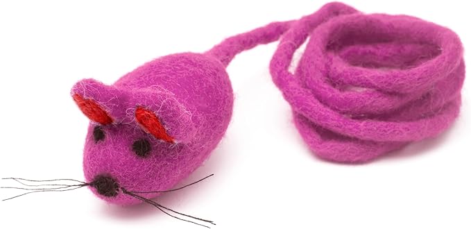 Glaciart One Felt Mouse Cat Toy – Soft Fuzzy Enrichment 100% Natural Wool - Interactive Catnip Play Cat Toy Set - Safe for Pets, Non-AZO Colored Dyes - 42” Long