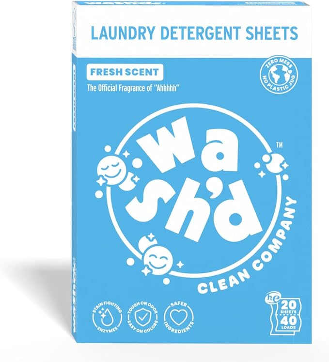 Wash'd Laundry Detergent Sheets - 40 Loads - Non Toxic Stain Fighting Enzymes - Plastic Free Travel Friendly Drawer Box - Fresh Scent