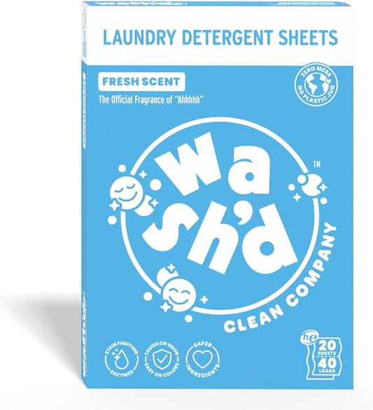 Wash'd Laundry Detergent Sheets - 40 Loads - Non Toxic Stain Fighting Enzymes - Plastic Free Travel Friendly Drawer Box - Fresh Scent