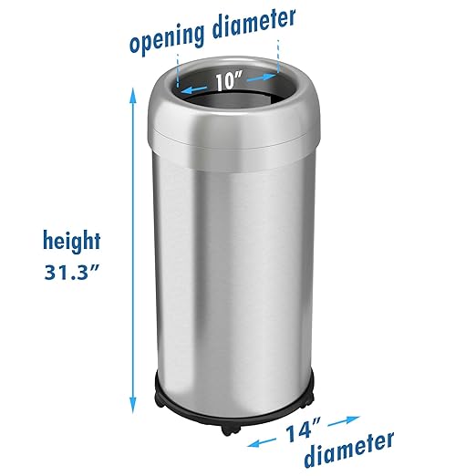 iTouchless 16 Gallon Open Top Kitchen Trash Can Recycling Bin with Wheels and Double Odor Filters Round Commercial Stainless Steel 60 Liter Trashcan for Home Office Work Bedroom Livingroom Garage