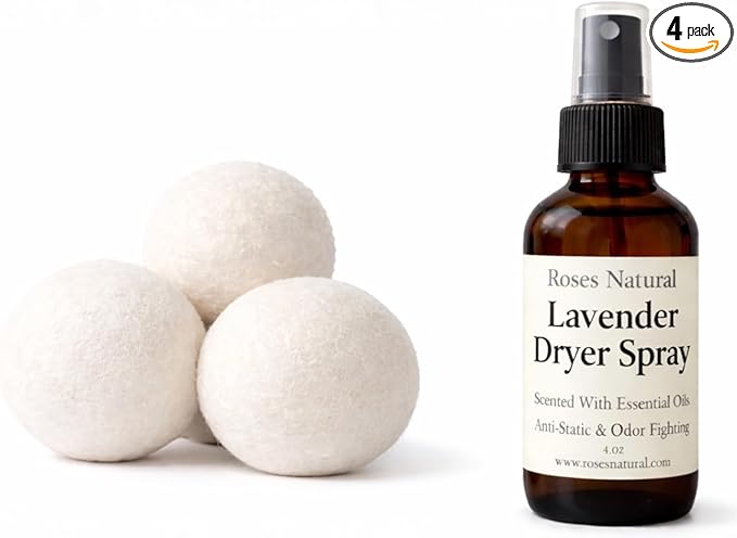 Wool Dryer Balls & Dryer Spray Bundle – 3 Reusable Dryer Balls + Plant-Based Essential Oil Dryer Spray, Natural Fabric Freshener, Anti-Static & Odor Fighting (Lavender)