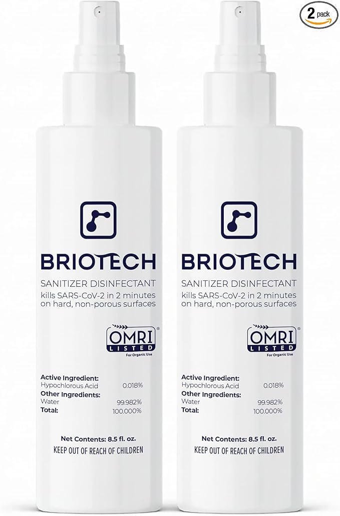 BRIOTECH Sanitizer Disinfectant Hypochlorous Spray, Kill 99.99% of Viruses & Bacteria, Control Mold, Eliminate Odor, Gentle for Nursery & Play Rooms, Food Contact Surface Sanitizer, 8.5 fl oz (2 Pack)