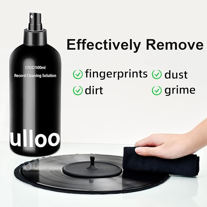 Vinyl Record Cleaner Solution 17oz/500ml, 4Pcs Vinyl Record Cleaning Kit, Record Cleaning Fluid Spray & Label Protector & Microfiber Cloth & Protector Pad, Record Player Cleaning Kit for LP Album