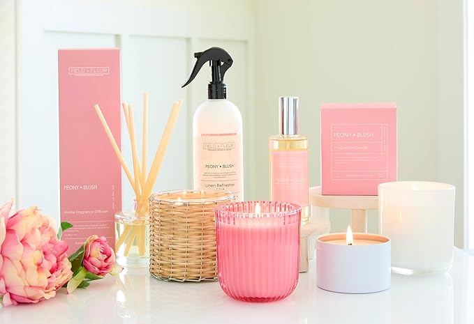 FIELD FLEUR Peony Blush Linen & Room Spray 15.5 oz - Aromatic & Refreshing Bedding & Fabric Mist - Air Freshener for Clothes & Sofas - Notes of Peony, Geranium & Ylang-Ylang - Made in USA