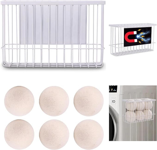Magnetic Dryer Ball Holder Plus 6 XL Wool Dryer Balls from New Zealand Wool ??Laundry Dryer Balls Organizer & Storage, Magnetic Basket for Dryer Balls, Space-Saving & Easy Tool-Free Installation
