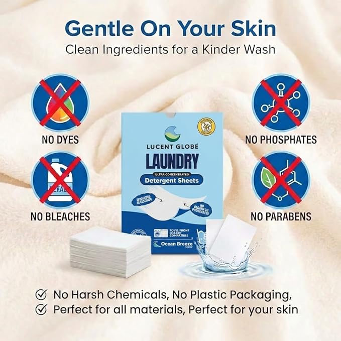 Lucent Globe Laundry Detergent Sheets. Pre-Measured Laundry Sheets. Powerful Stain Removal. Works in All Clothes Washers. (1 Pack - 64 Washes, Ocean Breeze)