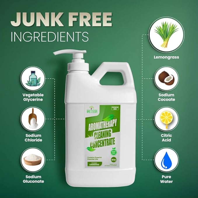 Naeterra Lemongrass Aromatherapy Cleaning Concentrate 64 oz - Natural All Purpose Multi Surface Cleaner - Plant Based Essential Oil Formula for Floors Glass & Granite - Pet Safe - Makes 24 Gallons