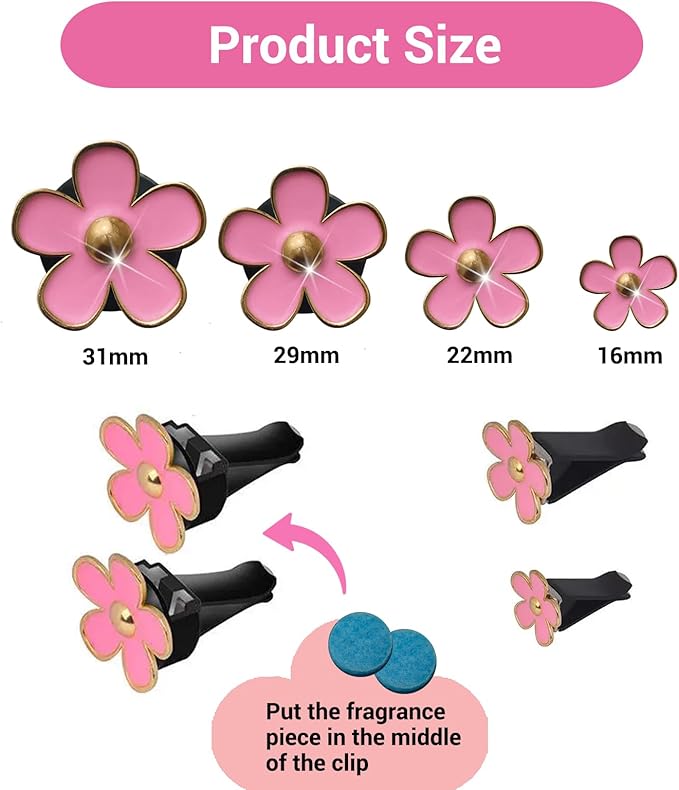 Daisy Flower Car Air Freshener Vent Clips, 4 Pcs Cute Car Accessories for Women Interior, Girly Decor Essentials, Truck Accessories, for Bathroom Office Pet Houses (Pink, 3.1cm 2.9cm 2.2cm 1.6cm)