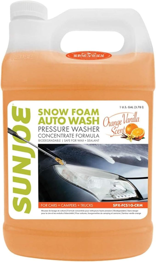 Sun Joe Snow Foam Car Wash Soap & Cleaner Concentrate, Orange Vanilla Scent, 1 Gallon - Cleaning Solution for Automotive Vehicles, Vinyl, Aluminum, Wood, & Brick Surfaces, SPX-FCS1G-COC