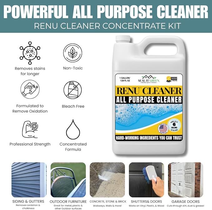Renu Cleaner Concentrate Whole House Kit - Heavy Duty Cleaner, Removes Stains, Oxidation & More. Ideal For Vinyl Siding, Decks, Patio, Fences, Pavers & Outdoor Fabrics. Cleans an Incredible 3000 SF.