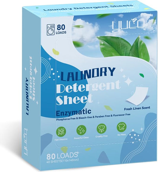 YUCO Laundry Detergent Sheets 80 Loads, Eco Friendly Laundry Soap Washer Sheets, Liquidless Laundry Detergent Sheet for Travel No Plastic, Hypoallergenic, Fresh Scent
