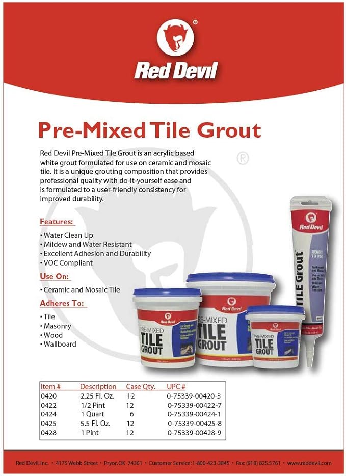 Red Devil 042260 Pre-Mixed Tile Grout - Professional Quality, Excellent Adhesion, Ideal for Wall & Floor Use - 1/2 Pint, Black, Made in USA