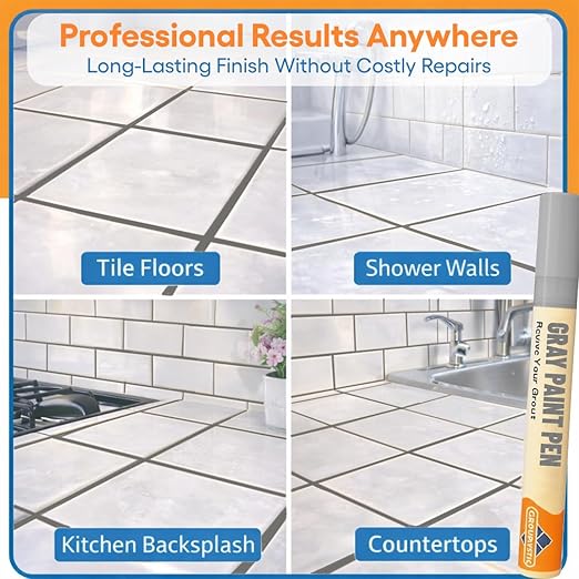 Gray Grout Paint Pen Tile Grout Colorant & Sealer Marker, Quick-Dry, Ideal for Bathroom, Shower, Kitchen Tiles Restores Grout Lines, 3 Adjustable Tips (2-3 mm)