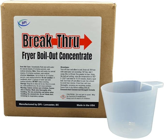 DPI Break-Thru Fryer Boil Out Cleaner, Powder Concentrate for Deep Fryers, Removes Grease and Carbon Deposits, Easy Use Scope Included, 26 Cleaning Cycles Per Box.