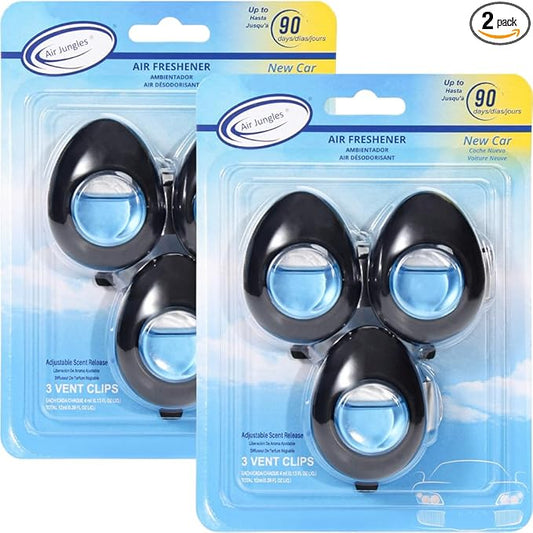 Air Jungles Car Air Freshener Vent Clip 3 Count (Pack of 2), New Car Scent, 4 ml Each, Long-Lasting Car Odor Eliminator, Easy Clip-On, Up to 180 Days Freshness for Cars, Trucks, and SUVs