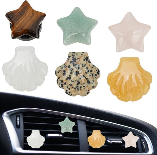 PLIGREAT 6 Pcs Natural Stone Car Vent Clips, Cute Star SeaShell Air Freshener Vent Clips Boho Stone Accessories for Women Men Car Interior Decor, 2 Shapes