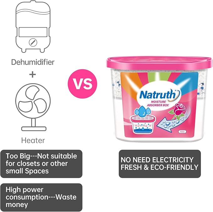 NATRUTH Moisture Absorbers Boxes (6 PACKS)，12.5 Oz With Rose Scent,Portable Closet Dehumidifier, Odor Eliminator Absorber Bucket,Humidity Absorber,Air Dehumidifier for Closet,Bathrooms, Kitchen &Boats
