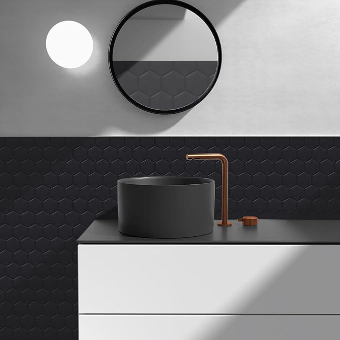 Matte Black Hexagon Peel and Stick Wall Tiles for Kitchen, Large Design 10-Sheet Stick on Backsplash for Bathroom, Kitchen, RV, etc（12''×12''）.