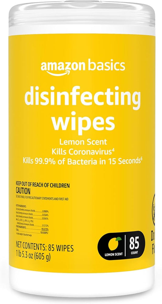 Amazon Basics Disinfecting Wipes, Lemon Scent, Thick All Purpose Cleaning Wipes, Sanitizes/Cleans/Disinfects/Deodorizes, 85 Count