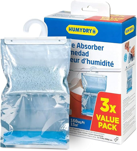 HUMYDRY Hanging Moisture Absorber Bags, 18 Count, 6 Packs of 3 Unscented 15.9 Oz Dehumidifiers for Closets Wardrobes Storage Areas, Non Electric Humidity Absorbers for Small Enclosed Spaces