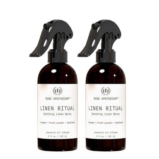 Muse Apothecary Linen Ritual - Aromatic, Soothing, and Relaxing Linen Mist, Laundry and Fabric Spray - Infused with Aromatherapy Essential Oils - 4 oz, Bergamot + French Lavender + Sandalwood, 2 Pack