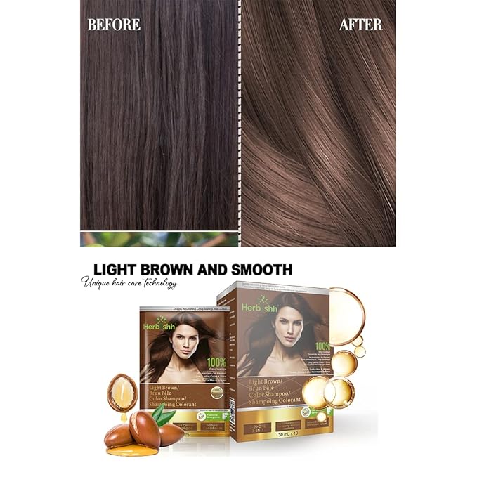 Herbishh Hair Color Shampoo for Gray Hair Light Brown + Hair Color Stain Remover Wipes - Travel Pack With 5 Wipes