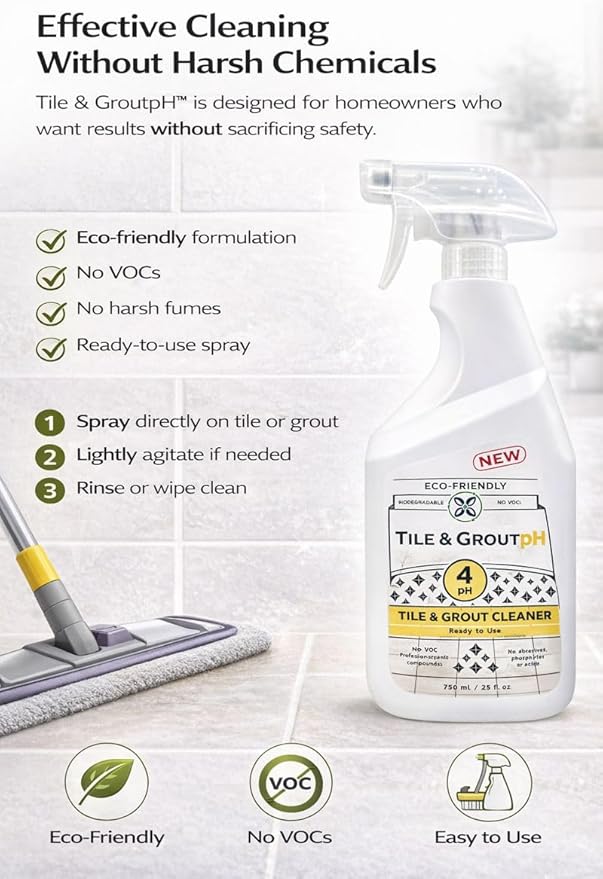Tile & Grout pH – Eco-Friendly Acidic Tile & Grout Cleaner (pH 4) – Removes Hard Water, Soap Scum & Grime – No VOCs, Biodegradable, 25 fl oz