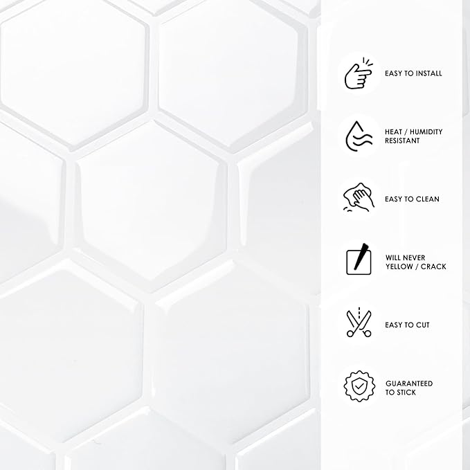 10-Sheet Hexagon Peel and Stick Backsplash for Kitchen, New Upgrade Premium Extra Thicker Design 3D Self Adhesive Wall Tiles, Large Stick on Tiles for Kitchen and Bathroom (12" x 12")