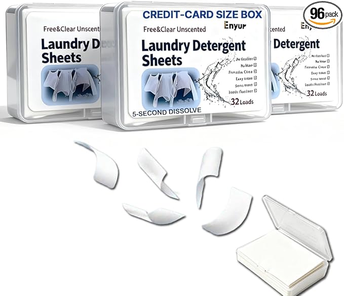 Fragrance-Free Laundry Sheets - Ultra-Concentrated Travel Detergent in Compact Storage Box, 5-Second Dissolve, 2X Stain Removal, HE-Safe, TSA Approved Detergent Sheets - 3 Pack / 96 Loads