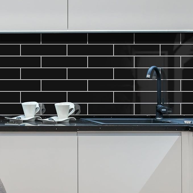 24-Pieces Peel and Stick Tiles for Kitchen Backsplash, New Upgrade Design 12" x 3"SPC Subway Backsplash Tiles, Marble Black Premium Finger Tiles, Peel and Stick Backsplash for Kitchen.