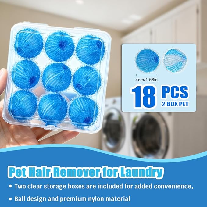 18PCS Pet Hair Remover for Laundry, Laundry Balls for Dog & Cat Reusable, Suitable for Washing Machines, Dryers, Easy Home Solution for Removing Pet Hair Catcher for Clothes, Bedding