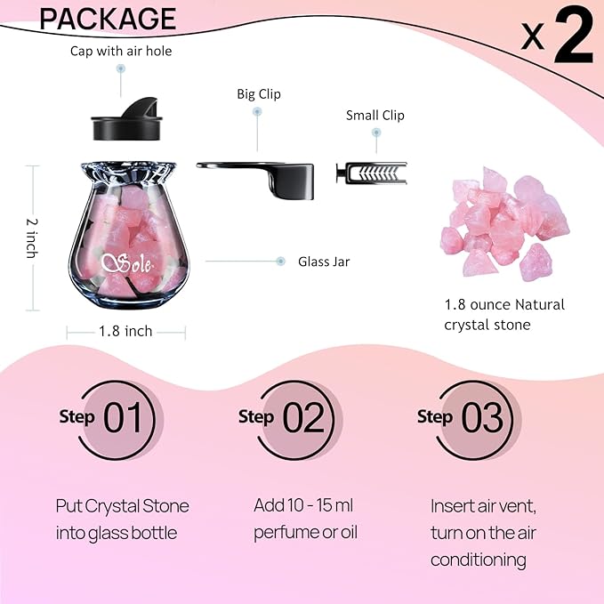 Car Diffuser Glass Bottles with Crystals Natural Stone for Spreading Essential Oils,Blue Lotus Design Glass jar as air freshener Vent Clip,car Vent Decor Accessories Pack of 2 (Pink + Pink)