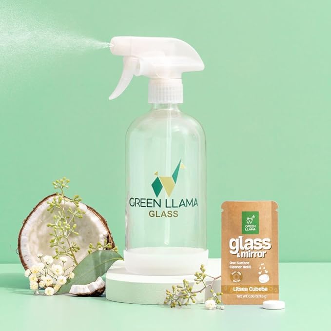 Green Llama Eco-Friendly Glass and mirror Cleaning Spray | 16oz Glass Bottle, 1 Refill Tablet, Listea Cubeba Scent - Natural, Sustainable, Safe for Home Surfaces | Ideal for Eco-Shoppers