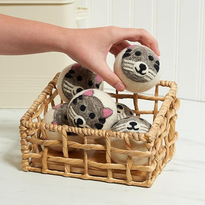 Upcycled Oversized New Zealand Wool Dryer Ball Set Cat Design, Handmade Fair Trade Eco Friendly Reusable Wool Dryer Balls for Faster Drying and Softening